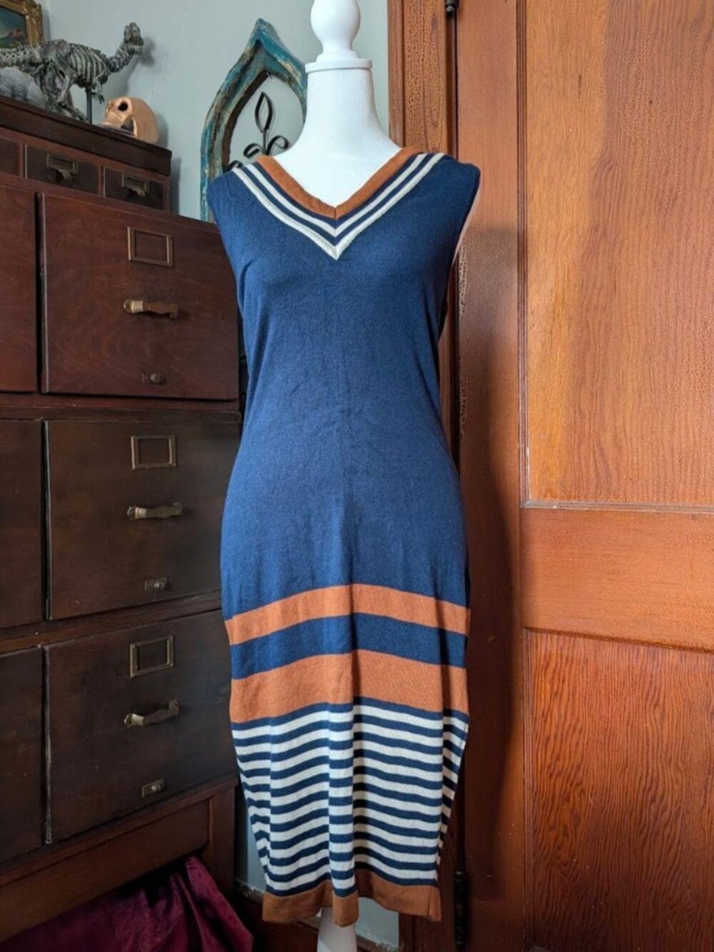 navy blue knit sleeveless midi sweater dress brown white stripes medium